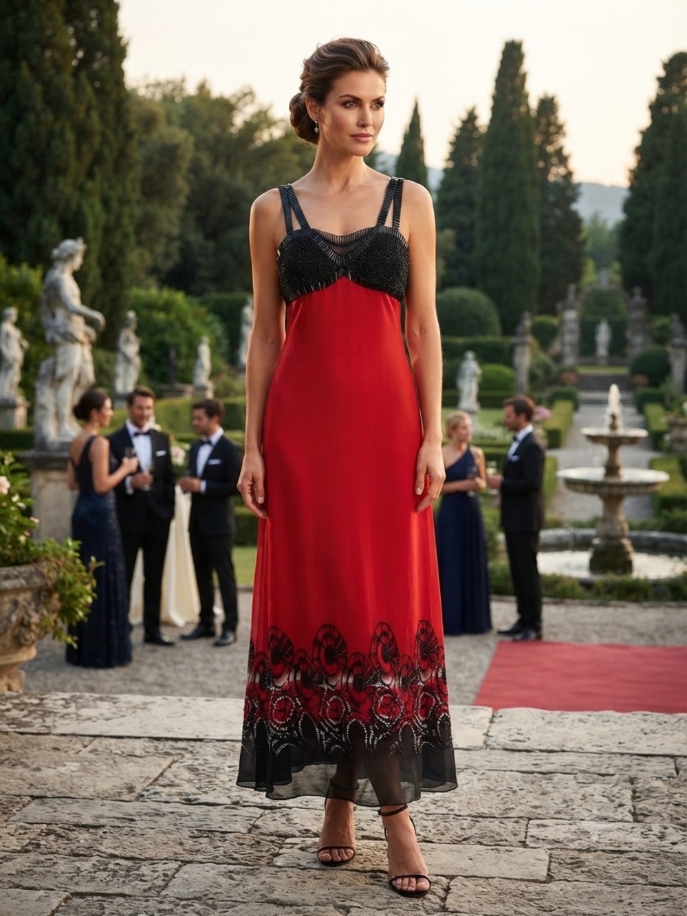 Mikael Aghal Red Maxi Dress with Black Beaded Bodice